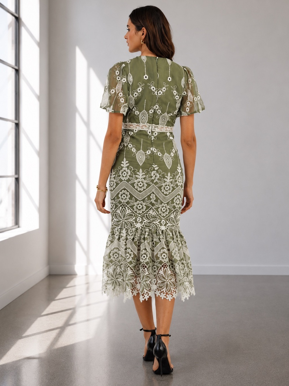 449. Sage Romance Lace Midi Dress - Picture 2 of 3